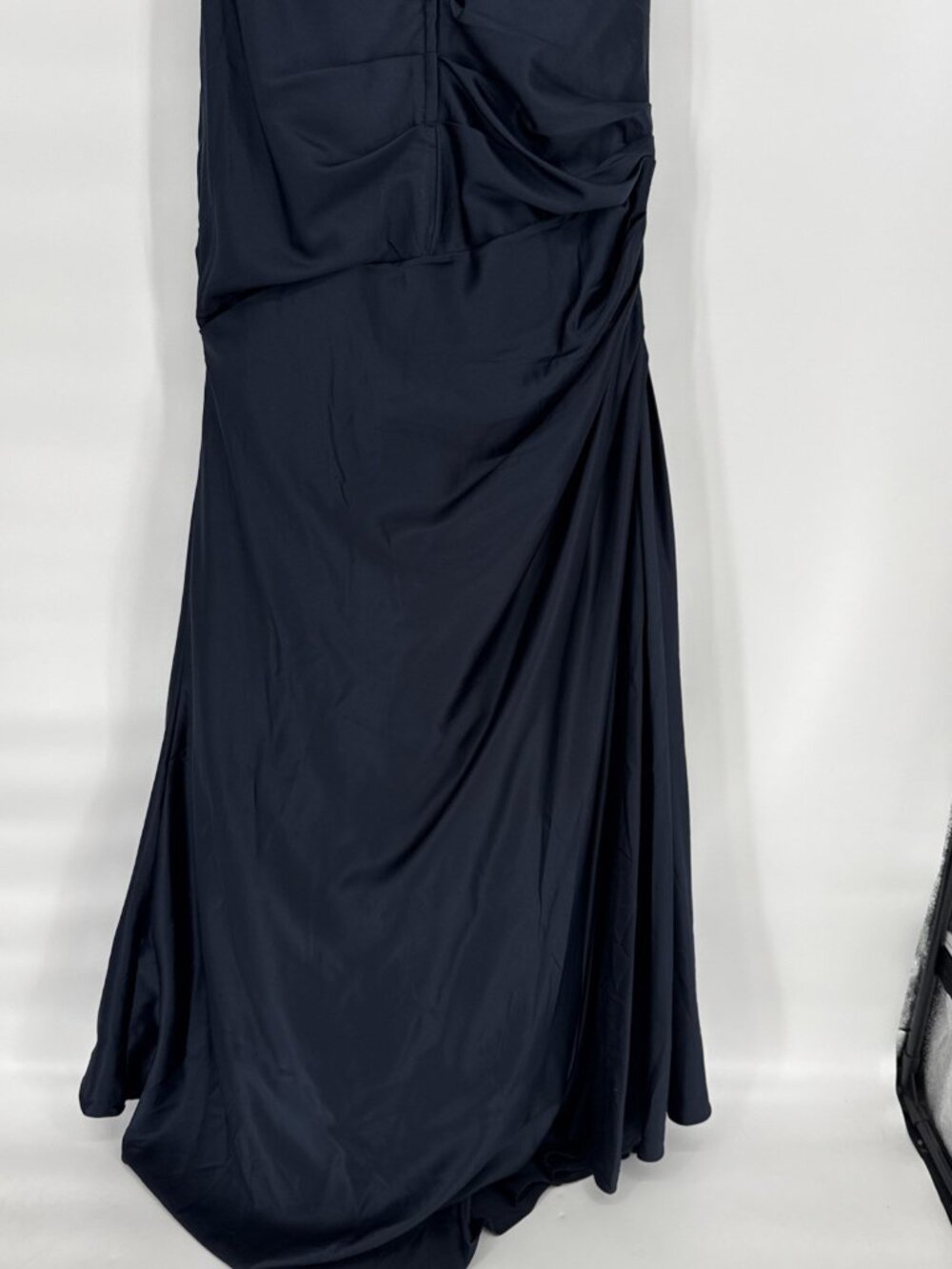 LA FEMME Size 8 Navy Blue Off the Shoulder Ruched Satin Trumpet Gown Dress - Picture 10 of 14